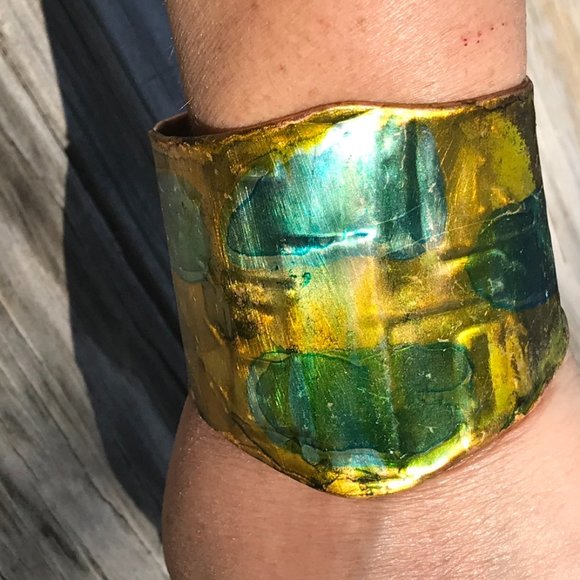 Conceptual Subculture Jewelry - Embossed Copper Cuff Bracelet Boho Gift Spartan Gladiator Statement Armor Blue